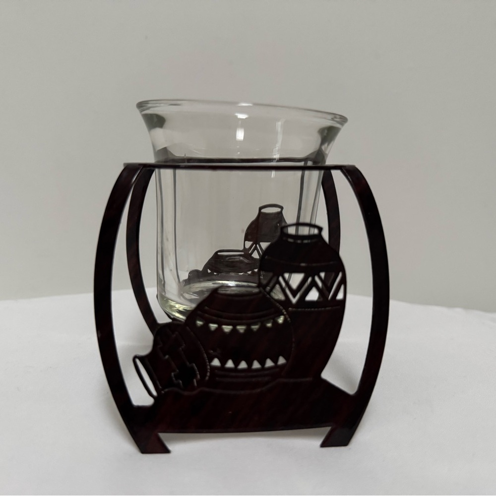 Glass Candle Holder with Brown Metal Frame